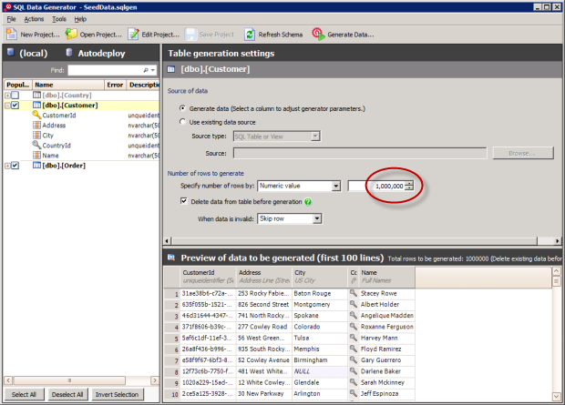 Configuring the tables for data generation