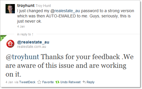 Realestate.com.au tweeting about working on the password issue