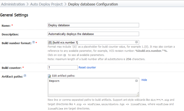 General settings for the database deployment build