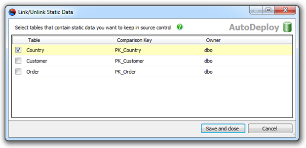 Linking a table's static data to VCS