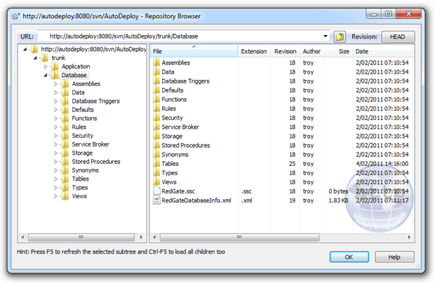 The database under source control in Subversion