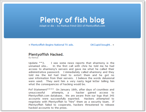 Plenty of Fish hacked notice