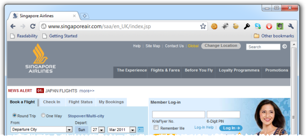Singapore Airlines logon screen