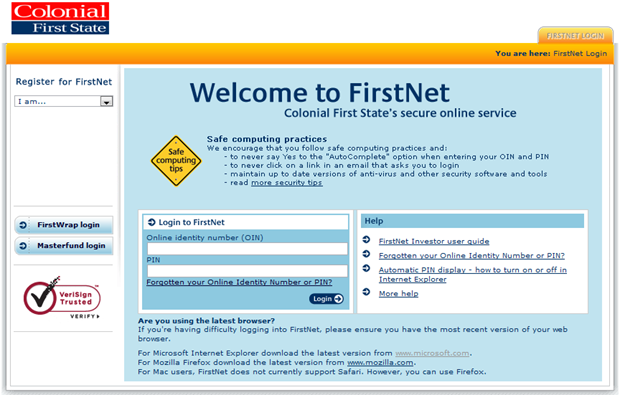 Colonial First State logon screen