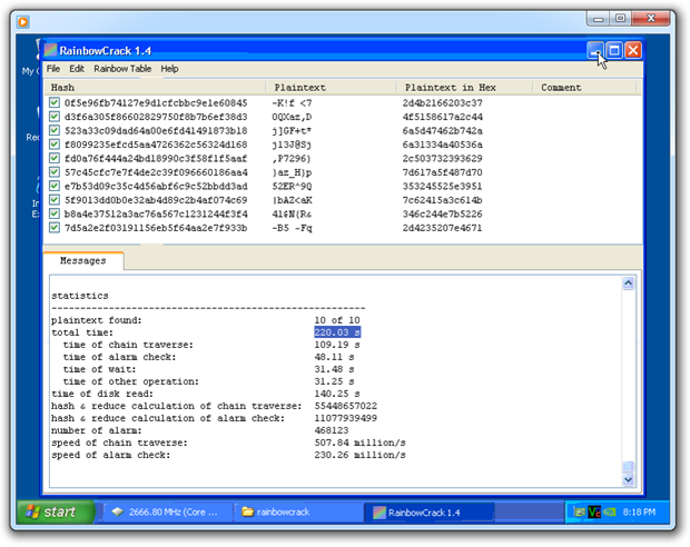 RainbowCrack breaking MD5 hashed passwords