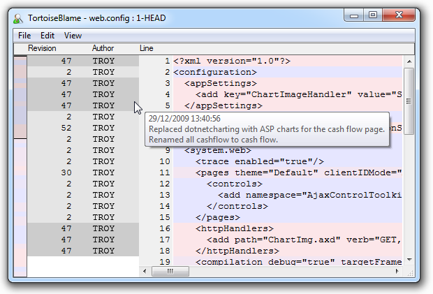 A blame log with a descriptive log message