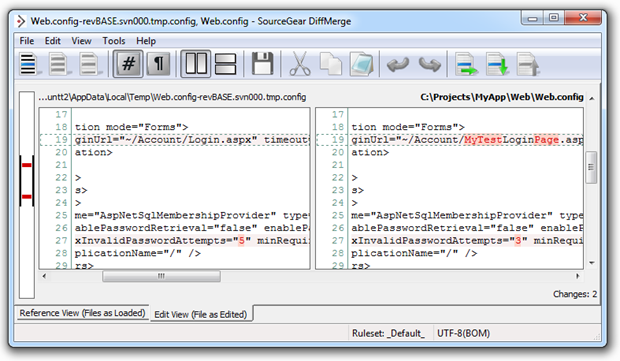 A diff window showing inadvertant changes in the web.config file