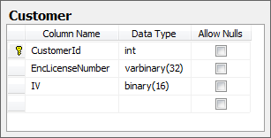 Sample customer table showing encrypted license and IV fields