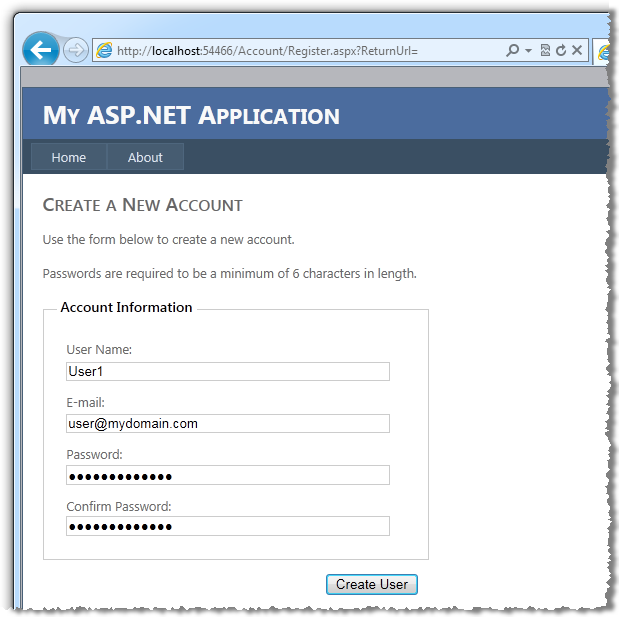 Standard ASP.NET web application interface to create a new account