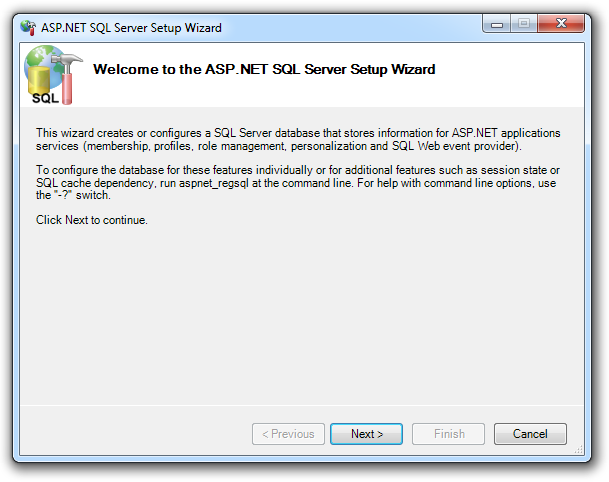 The ASP.NET SQL Server setup wizard