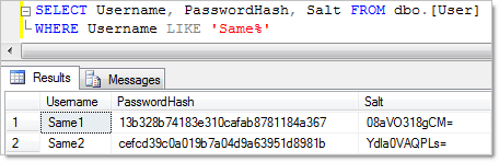 Same passwords in the database but with different salts and hashes