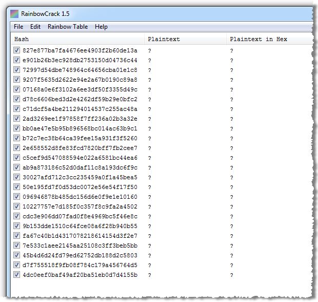 RainbowCrack failing to resolve any password hashes to plain text