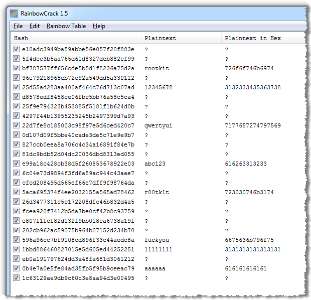 RianbowCrack showing successfully decrypted hashed passwords