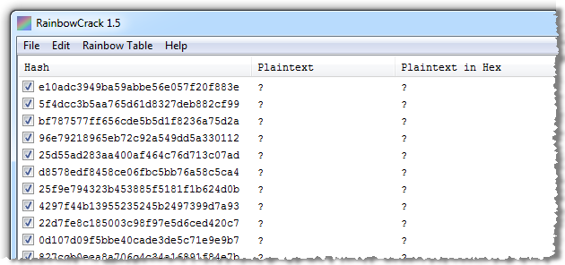 RainbowCrack showing all password hashes