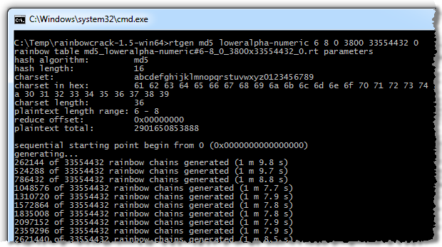 RainbowCrack generating rainbow tables