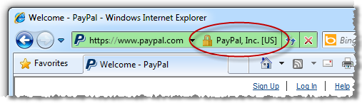 Internet Explorer showing the presence of PayPal SSL