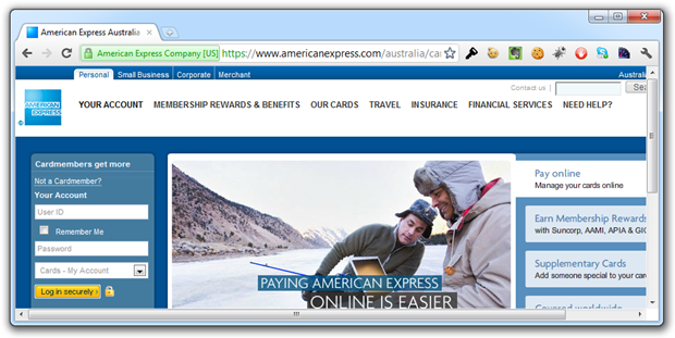 American Express page showing both HTTPS and a padlock icon