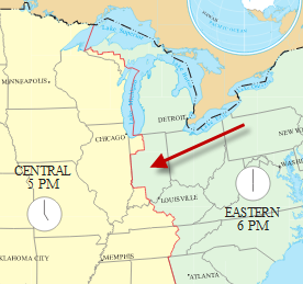 Indiana in the USA showing a split time zone