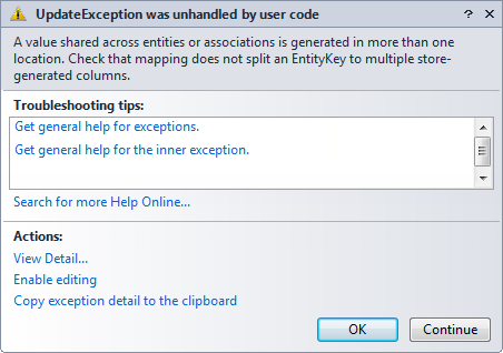 A value shared across entities or associations is generated in more than one location. Check that mapping does not split an EntityKey to multiple store-generated columns.