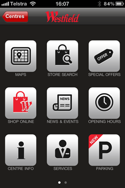 Westfield malls app home page