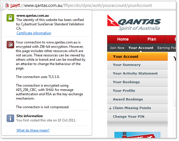 The Qantas website loading mixed content and causing a browser warning