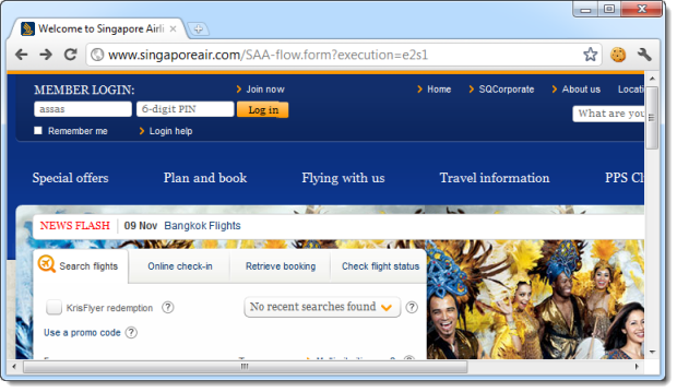 Singapore Airlines loading login form over HTTP