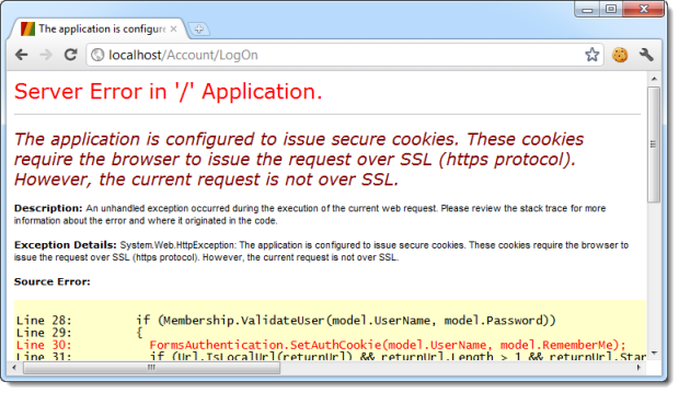 Server error when attempting to logon over HTTP after forms auth set to require HTTPS