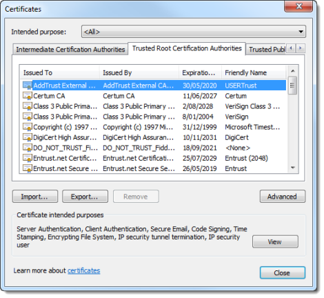 Root certificate authorities accessible by Internet Explorer