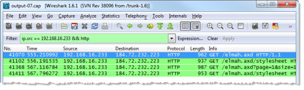 Wireshark filtering the HTTP packets to those sent by the iPad