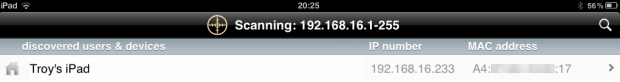 The IP Scanner app showing the iPad's IP address