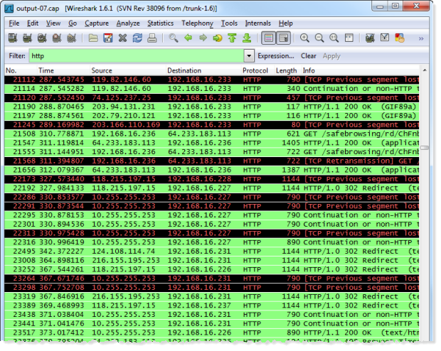 Reviewing the captured HTTP packets using Wireshark