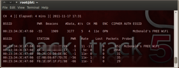 Capturing packets from the McDonald's wifi using BackTrack