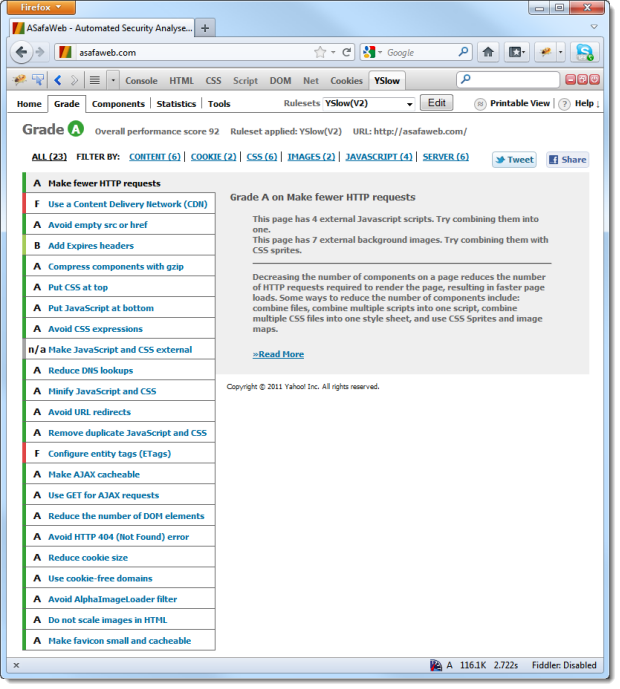 YSlow report of ASafaWeb before optimisaiton