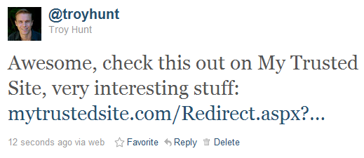 A tweet enticing the user to follow a link to a trusted domain