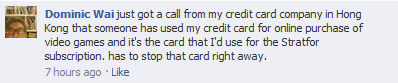Facebook message about credit card being used to buy video games