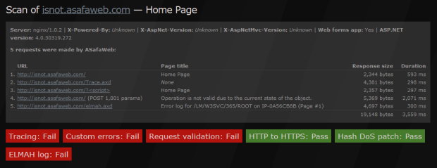 ASafaWeb HTTP requests and scan results