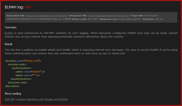 Details of the failing ELMAH scan in ASafaWeb