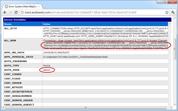 The server variables in the ELMAH log entry