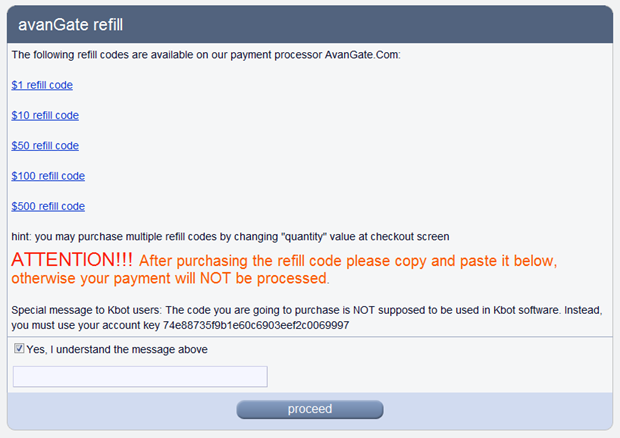 Purchasing refills for the Antigate service