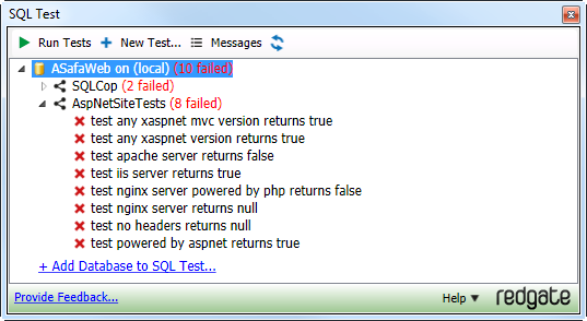 Eight failing tests written and running in the test runner