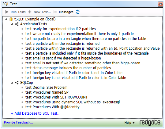 The SQL Test runner showing the sample database tests