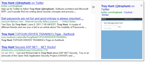 Google preview of @troyhunt's Twitter account working corectly