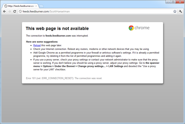 Scott Hanselman's blog RSS not accessible via Feedburner