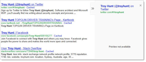 Google preview of @troyhunt's Twitter account not working