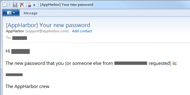 AppHarbor email with a new password