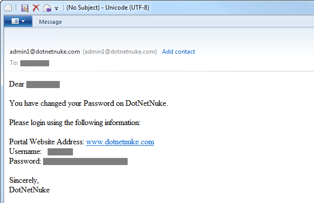 DotNetNuke emailing a new password in plain text