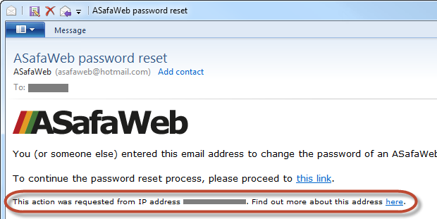 An ASafaWeb password reset email with info about the requestor's IP