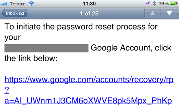 Email from Google to begin a 2FA password reset