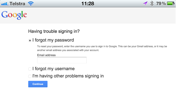 Starting a password reset on Google