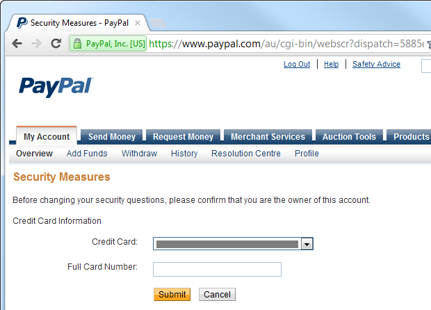 Confirming identity with a credit card on PayPal